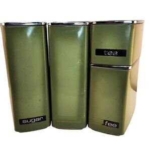 Vintage Green Metal Canister Set For Tea Coffee & Sugar With Chrome Lids Mid-Cen